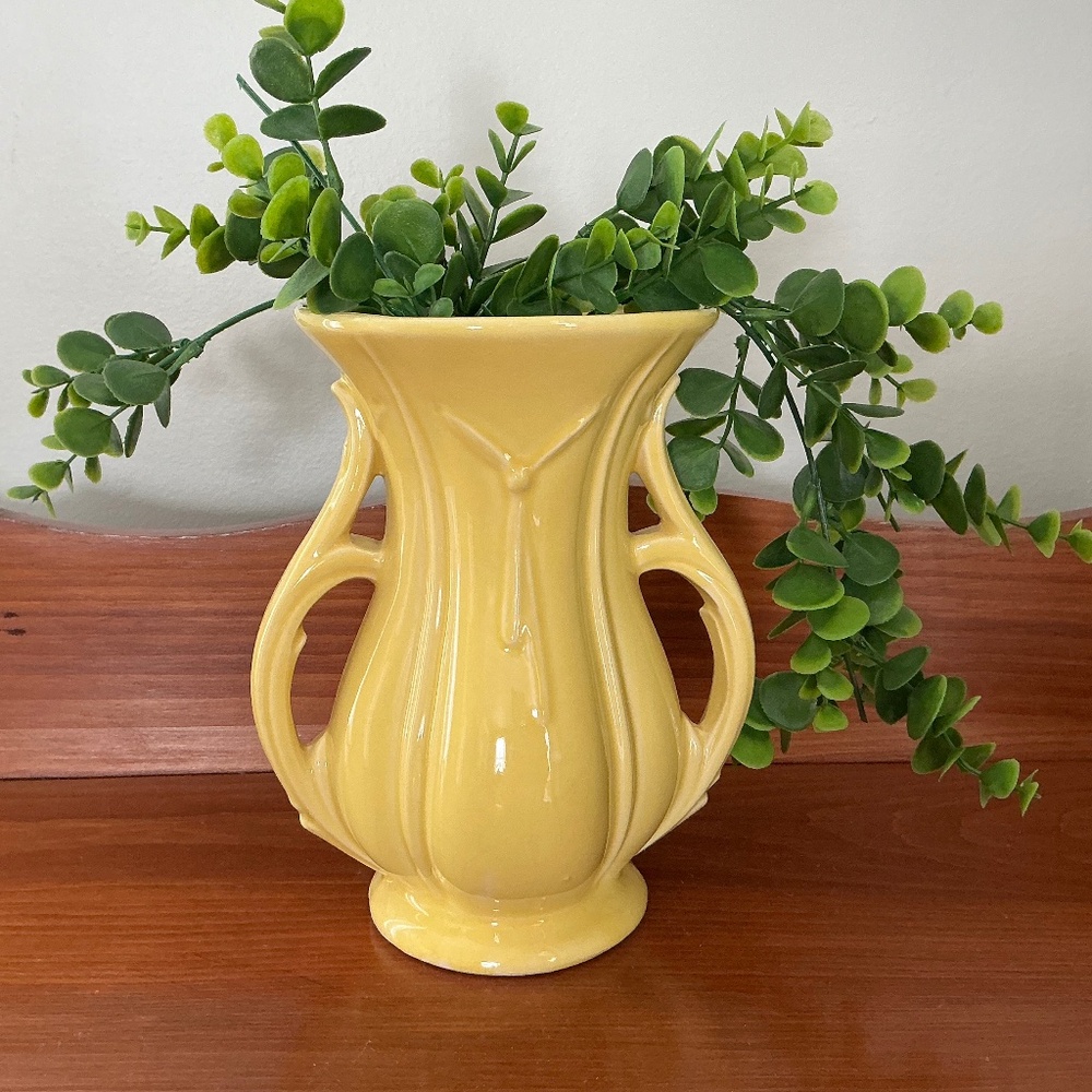 McCoy Vintage Yellow Double Handled Art Pottery Vase